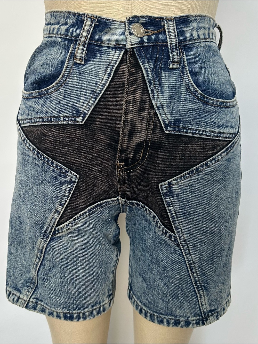 Aelfric Eden Women's Two-Tone Star Patch Denim Shorts in Blue and Black